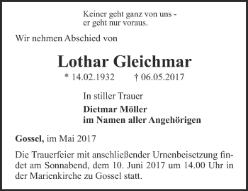 Traueranzeige von Lothar Gleichmar von Thüringer Allgemeine