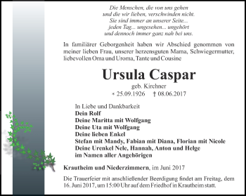 Traueranzeige von Ursula Caspar von Thüringer Allgemeine, Thüringische Landeszeitung