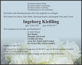 Traueranzeige von Ingeborg Kießling von Ostthüringer Zeitung