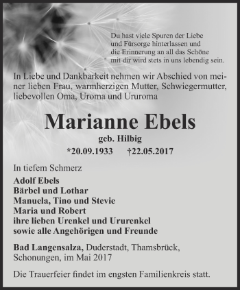 Traueranzeige von Marianne Ebels von Thüringer Allgemeine, Thüringische Landeszeitung