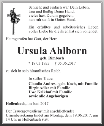 Traueranzeige von Ursula Ahlborn von Thüringer Allgemeine, Thüringische Landeszeitung