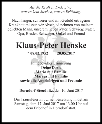 Traueranzeige von Klaus-Peter Henske von Ostthüringer Zeitung, Thüringische Landeszeitung