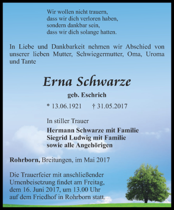 Traueranzeige von Erna Schwarze von Thüringer Allgemeine