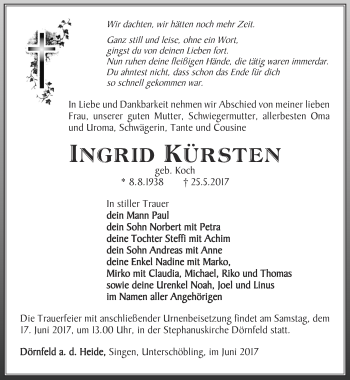 Traueranzeige von Ingrid Kürsten von Ostthüringer Zeitung