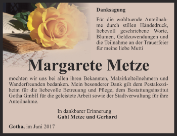 Traueranzeige von Margarete Metze von Ostthüringer Zeitung, Thüringische Landeszeitung