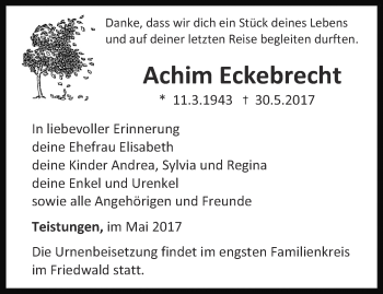 Traueranzeige von Achim Eckebrecht von Thüringer Allgemeine
