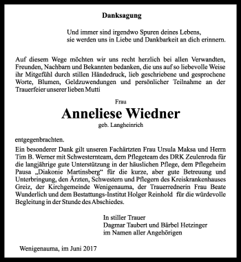 Traueranzeige von Anneliese Wiedner von Ostthüringer Zeitung