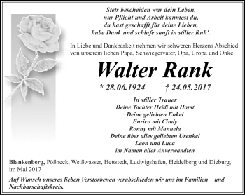 Traueranzeige von Walter Rank von Ostthüringer Zeitung