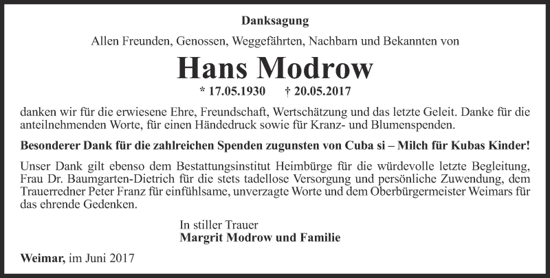  Traueranzeige für Hans Modrow vom 30.06.2017 aus Thüringer Allgemeine, Thüringische Landeszeitung