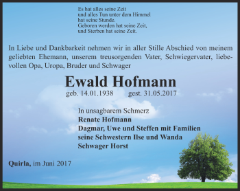 Traueranzeige von Ewald Hofmann von Ostthüringer Zeitung