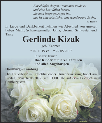 Traueranzeige von Gerlinde Kizak von Ostthüringer Zeitung, Thüringische Landeszeitung