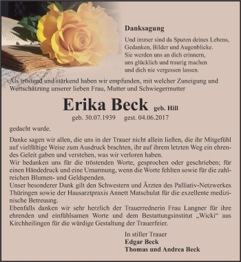 Traueranzeige von Erika Beck von Thüringer Allgemeine, Thüringische Landeszeitung