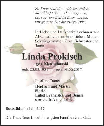 Traueranzeige von Linda Prokisch von Thüringer Allgemeine