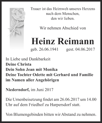 Traueranzeige von Heinz Reimann von Ostthüringer Zeitung