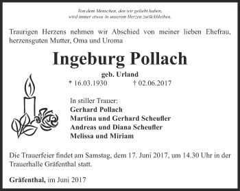 Traueranzeige von Ingeburg Pollach von Ostthüringer Zeitung