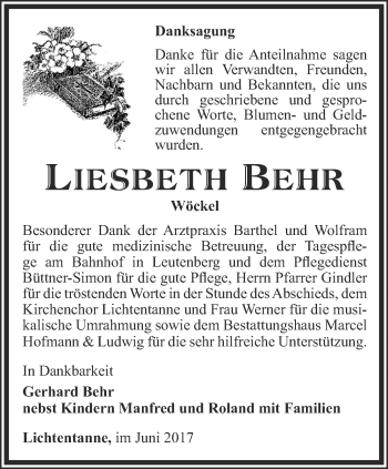 Traueranzeige von Liesbeth Behr