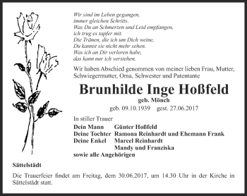 Traueranzeige von Brunhilde Inge Hoßfeld von Thüringer Allgemeine, Thüringische Landeszeitung