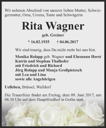 Traueranzeige von Rita Wagner von Ostthüringer Zeitung, Thüringische Landeszeitung