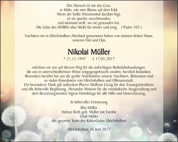 Traueranzeige von Nikola Müller von Thüringer Allgemeine, Thüringische Landeszeitung