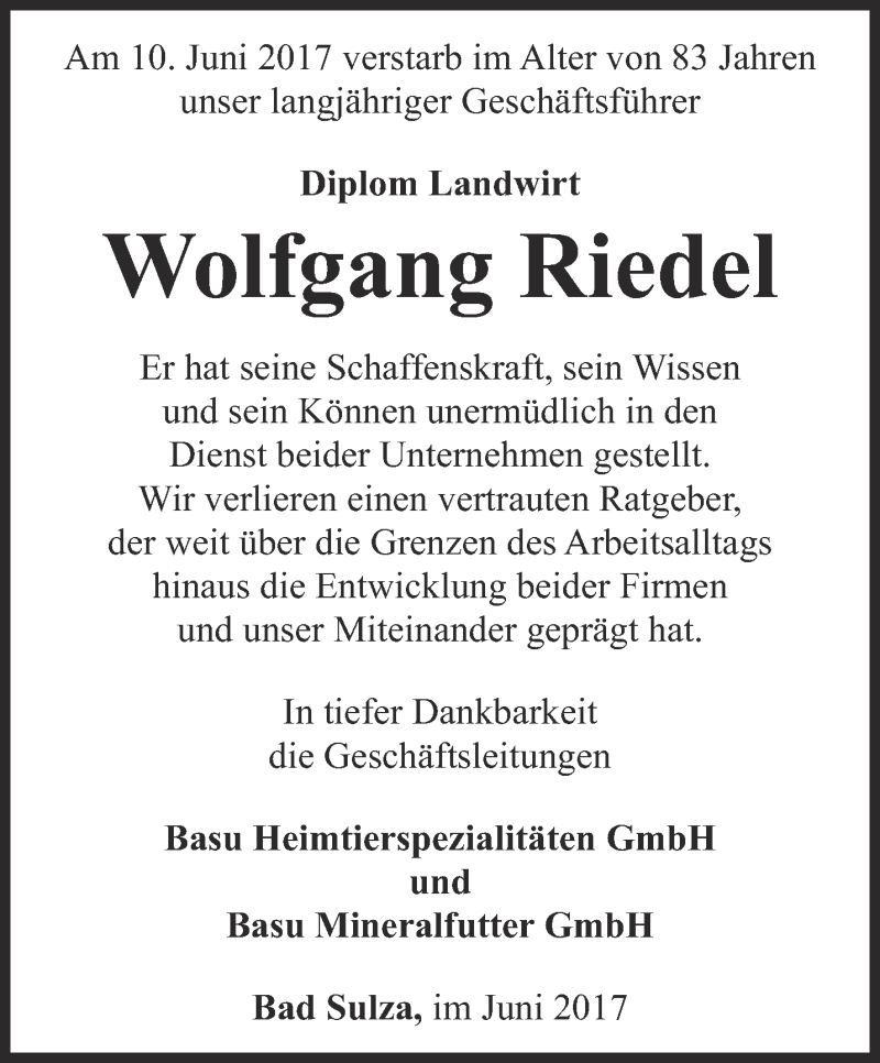  Traueranzeige für Wolfgang Riedel vom 17.06.2017 aus Thüringer Allgemeine, Thüringische Landeszeitung