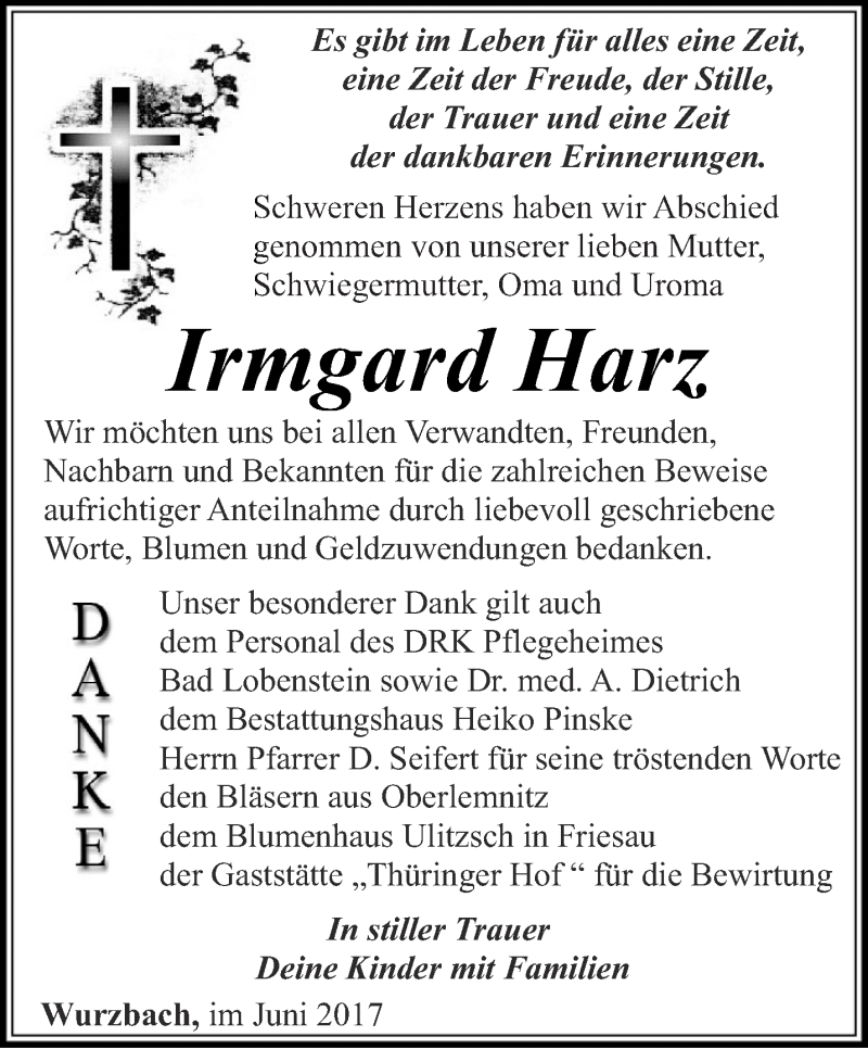  Traueranzeige für Irmgard Harz vom 17.06.2017 aus Ostthüringer Zeitung