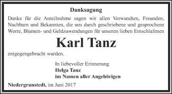 Traueranzeige von Karl Tanz von Thüringer Allgemeine, Thüringische Landeszeitung