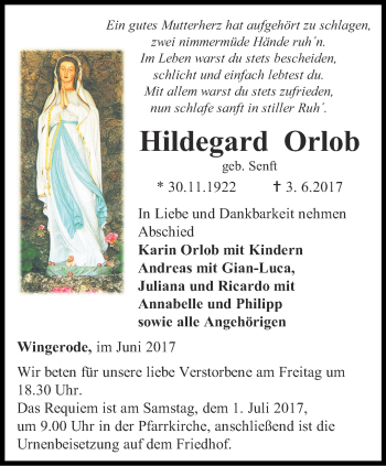 Traueranzeige von Hildegard Orlob von Thüringer Allgemeine