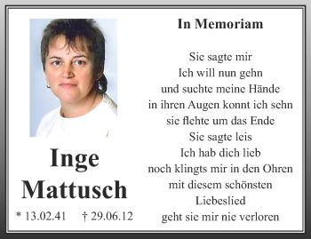 Traueranzeige von Inge Mattusch von Ostthüringer Zeitung