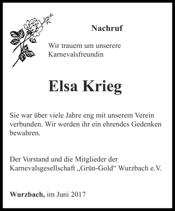 Traueranzeige von Elsa Krieg von Ostthüringer Zeitung