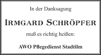 Traueranzeige von Irmgard Schröpfer von Thüringer Allgemeine