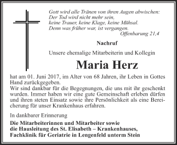 Traueranzeige von Maria Herz von Thüringer Allgemeine, Thüringische Landeszeitung