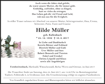 Traueranzeige von Hilde Müller von Thüringer Allgemeine, Thüringische Landeszeitung
