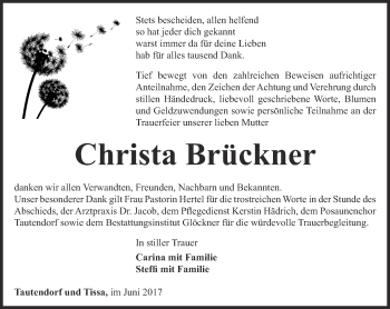 Traueranzeige von Christa Brückner von Ostthüringer Zeitung