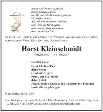 Traueranzeige von Horst Kleinschmidt von Thüringer Allgemeine, Thüringische Landeszeitung