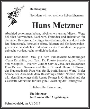 Traueranzeige von Hans Metzner von Ostthüringer Zeitung