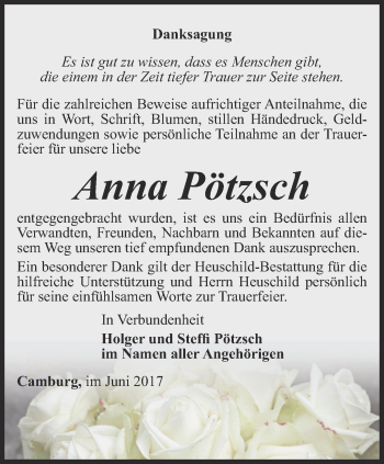 Traueranzeige von Anna Pötzsch von Ostthüringer Zeitung, Thüringische Landeszeitung