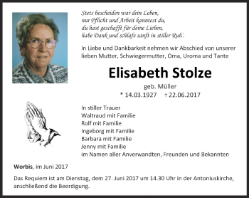 Traueranzeige von Elisabeth Stolze von Thüringer Allgemeine