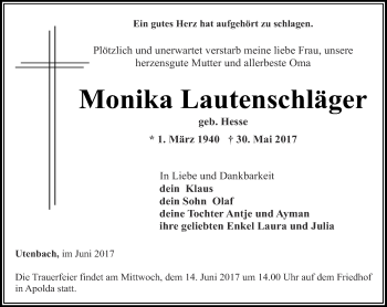 Traueranzeige von Monika Lautenschläger von Thüringer Allgemeine, Thüringische Landeszeitung