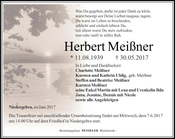 Traueranzeige von Herbert Meißner von Thüringer Allgemeine