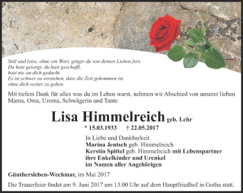 Traueranzeige von Lisa Himmelreich von Ostthüringer Zeitung, Thüringische Landeszeitung