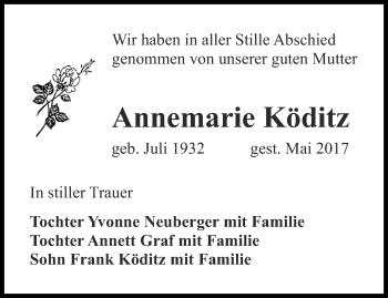 Traueranzeige von Annemarie Köditz von Ostthüringer Zeitung