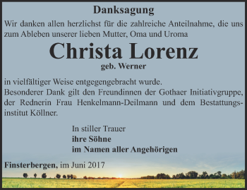 Traueranzeige von Christa Lorenz von Ostthüringer Zeitung, Thüringische Landeszeitung