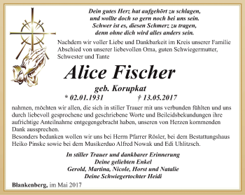 Traueranzeige von Alice Fischer von Ostthüringer Zeitung