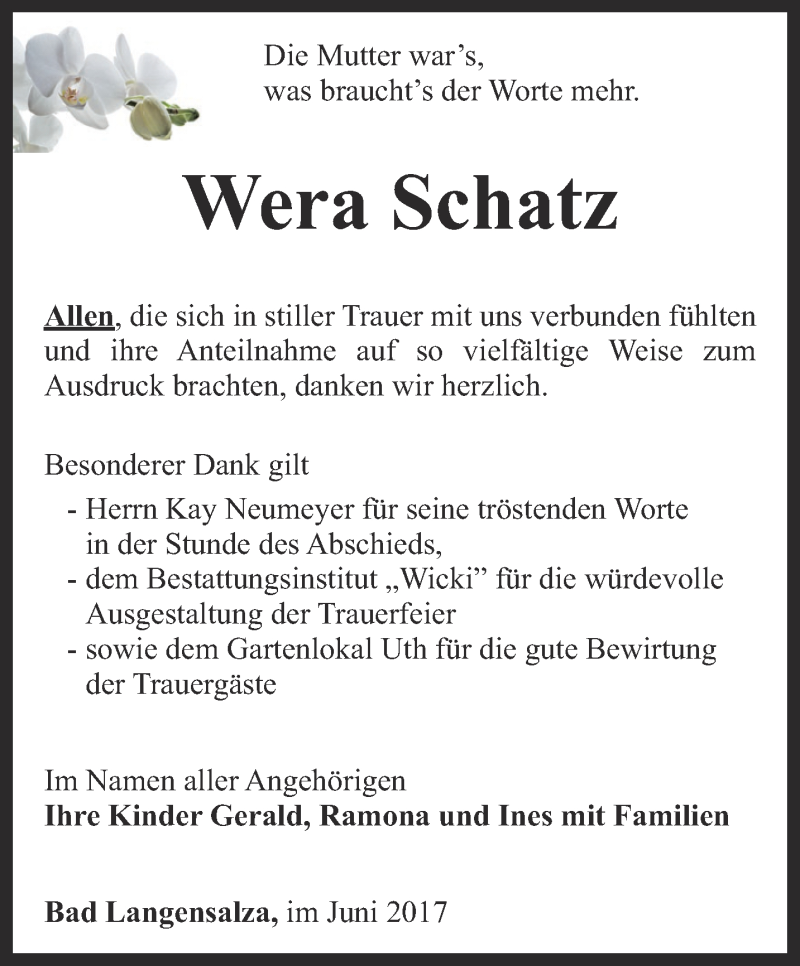  Traueranzeige für Wera Schatz vom 10.06.2017 aus Thüringer Allgemeine, Thüringische Landeszeitung