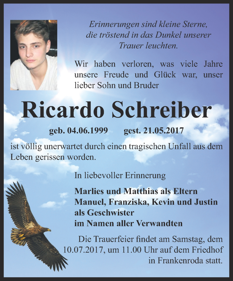  Traueranzeige für Ricardo Schreiber vom 07.06.2017 aus Thüringer Allgemeine, Thüringische Landeszeitung