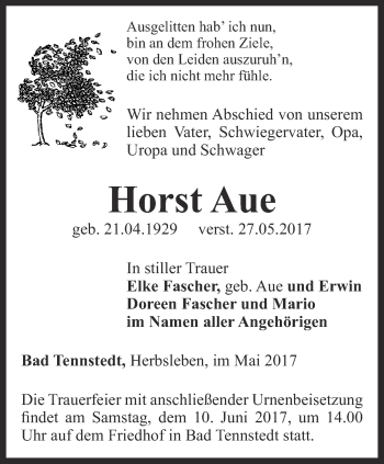 Traueranzeige von Horst Aue von Thüringer Allgemeine, Thüringische Landeszeitung