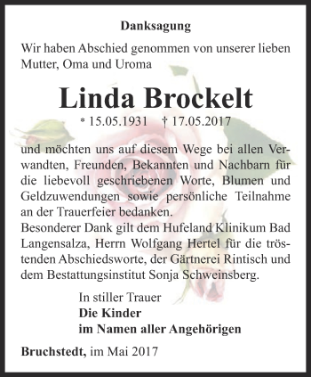 Traueranzeige von Linda Brockelt von Thüringer Allgemeine, Thüringische Landeszeitung