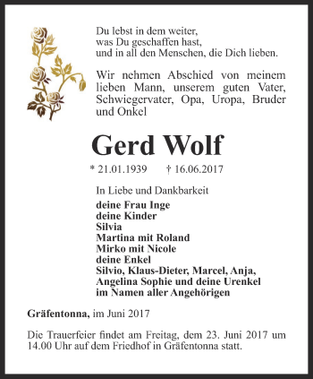 Traueranzeige von Gerd Wolf von Thüringer Allgemeine, Thüringische Landeszeitung