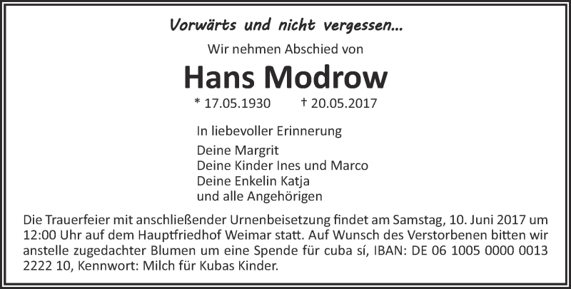  Traueranzeige für Hans Modrow vom 02.06.2017 aus Thüringer Allgemeine, Thüringische Landeszeitung