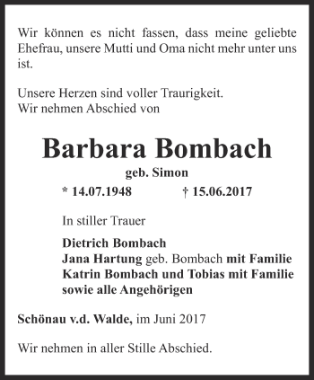 Traueranzeige von Barbara Bombach von Ostthüringer Zeitung, Thüringische Landeszeitung